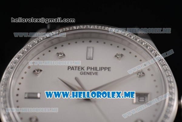 Patek Philippe Calatrava Miyota 9015 Automatic Steel Case with White Dial Black Leather Strap and Diamonds Markers Diamonds Bezel - Click Image to Close